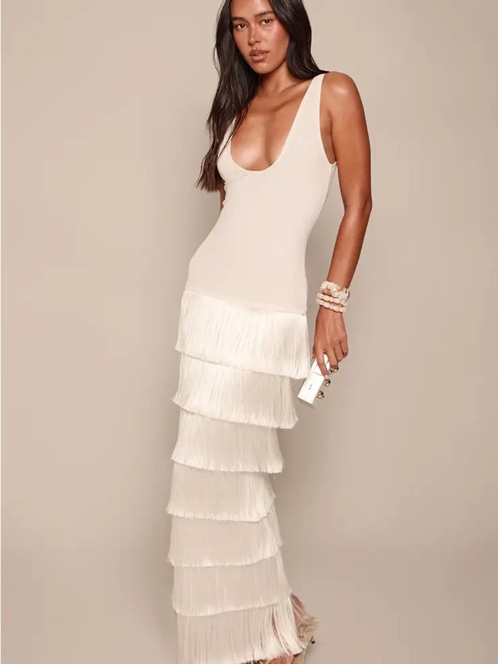 Pretty Little Thing (PLT) Cream Fringe Mesh Maxi Dress NWT never worn
